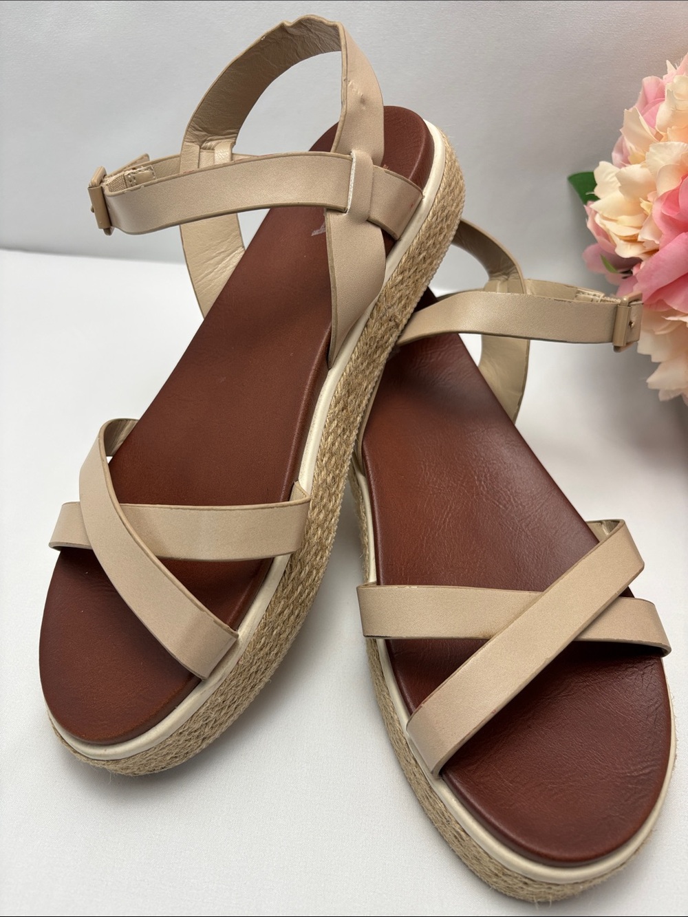 MIA‎ Yanis Womens 8.5 Nude Beige Crisscross Espadrille Platform Sandals #481 - Picture 5 of 16
